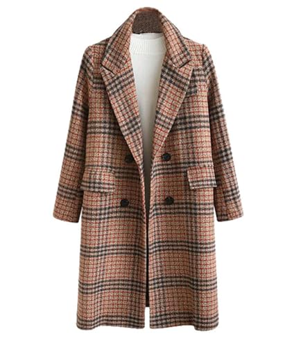 Women's Plaid Trench Coat Oversize Double Breasted Lapel Jacket Mid-Long Winter Pea Coat Overcoat