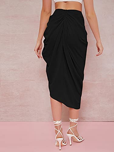 WDIRARA Women's Skirts Split Thigh Front Satin Skirt High Waist Ruched Zip Back WrapMidi Skirt