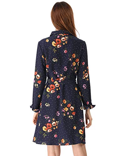 Women's Button Down Vintage Polka Dots Dresses Collar Tie Belted Floral Shirt Dress