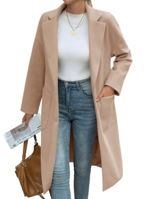 Womens Long Pea Coats Open Front Lapel Jackets Casual Belted Trench Coat Overcoats with Pockets