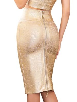 Leather Midi-Calf Bandage Skirt Metallic Bandage Pencil Office Skirt