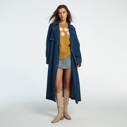 Women's Lapel Denim Trench Coat Long Sleeve Double Midi Classic Breasted Jackets With Belt