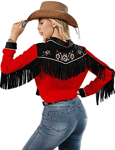 Women's Embroidered Western Long Sleeve Buttons Down Shirts Collared Retro Casual Blouses Shirts