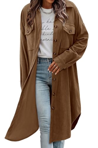 Womens Plaid Shacket Jacket Long Corduroy Shirt Casual Lapel Button Down Flannel Trench Coats