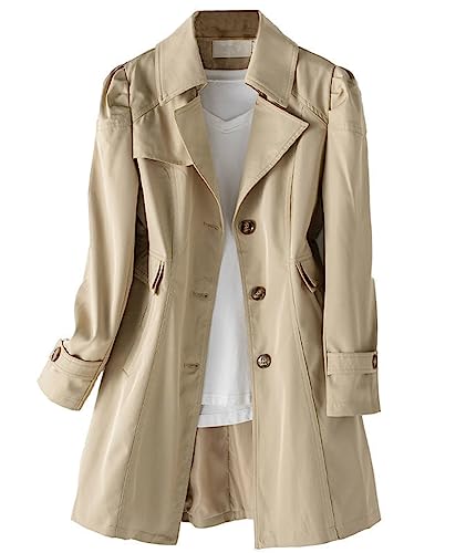 Women's Single Breasted Mid-Length Trench Coat Puff Sleeve Lapel Overcoat Windproof Classic Outerwear