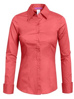 Womens Basic Solid Work Office Tailored Long Sleeve Button Down Daily Shirt (S-3XL)
