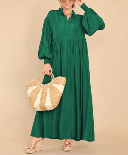 Women's Casual Long Sleeve Button Down Shirt Dress Elegant Pleated Flowy Swing Maxi Dress