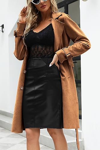 Womens Faux Suede Leather Jacket Spring and Winter Fashion Long Trench Coat, Lightweight Windbreaker