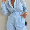 Women's 2 Piece Shirts Outfits Casual Button down Long Sleeve Blouses Tops High Waisted Shorts Sets with Pockets