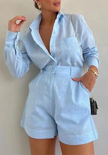 Women's 2 Piece Shirts Outfits Casual Button down Long Sleeve Blouses Tops High Waisted Shorts Sets with Pockets