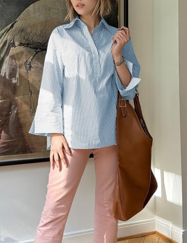 Women Button Down Shirt Casual Striped Print Dress Shirts Long Sleeve Collared Office Work Blouses Tops