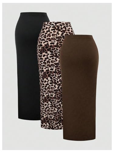Women's 3 Pack Sexy Split Thigh Ruched Bodycon High Waisted Leopard Maxi Pencil Skirts