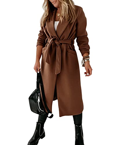 Womens Classic Coat Lapel Collar Open Front Belted Long Jacket