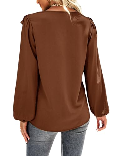Women's V Neck Ruffle Front Button Down Long Sleeve Blouse Top Shirt