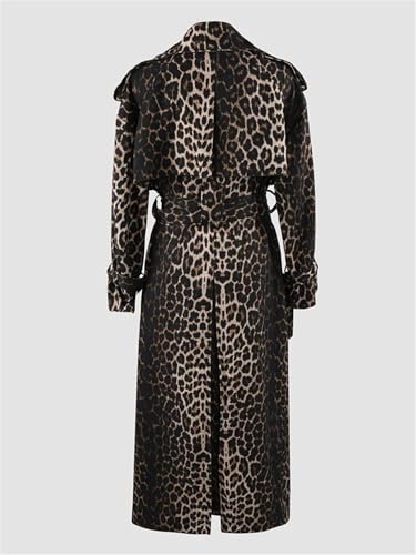 Women Long Oversized Leopard Print Trench Coat Double Breasted Vintage Lapel Outerwear With Belt