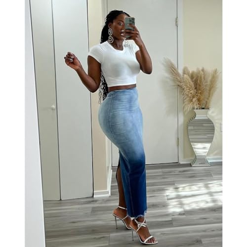 Stylish Women's High Rise Zipper Back Jean Skirt Split Hem Fringe Long Jean Pencil Perfect for Fashion Forward Women Blue