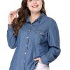 Women's Plus Size Button Down Long Sleeve Chest Pocket Chambray Shirts 2025