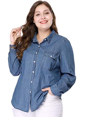 Women's Plus Size Button Down Long Sleeve Chest Pocket Chambray Shirts 2025
