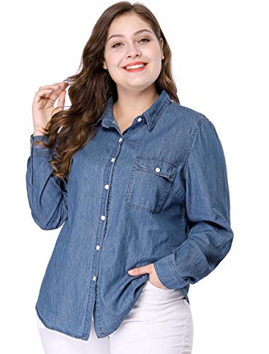 Women's Plus Size Button Down Long Sleeve Chest Pocket Chambray Shirts 2025
