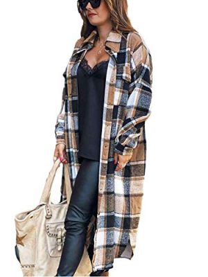 Women's Flannel Plaid Shacket Fall Oversized Long Button Down Shirt Jacket Shackets