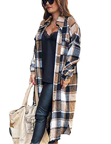 Women's Flannel Plaid Shacket Fall Oversized Long Button Down Shirt Jacket Shackets