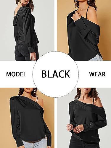 Women's Satin-Silk-Tops Sexy Off The Shoulder Dressy Blouse for Party Casual Long-Sleeve Elegant Shirt