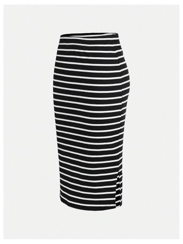 Women's Plus Size 2 Pack Striped Slit Midi Skirts High Waist Pencil Skirt