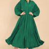 Women's Casual Long Sleeve Button Down Shirt Dress Elegant Pleated Flowy Swing Maxi Dress
