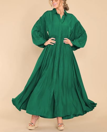 Women's Casual Long Sleeve Button Down Shirt Dress Elegant Pleated Flowy Swing Maxi Dress