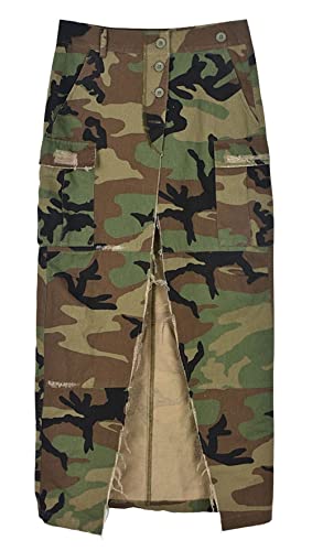 Women Camouflage Skirt Camo Maxi Pencil Skirt Bodycon Button Slit Cargo Skirt with Pocket