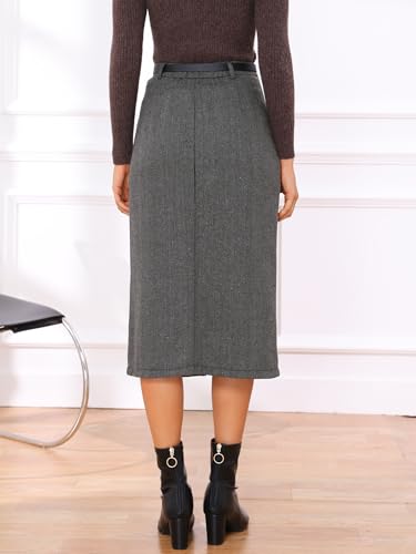 Midi Pencil Skirt for Women Fall Winter High Waisted Slit Office Work Skirts with Belt