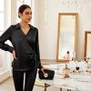 Women's Satin Silk Blouses Wrap V Neck Shirts Long Sleeve Elegant Tie Waist Office Formal Work Tunic PulloverTops