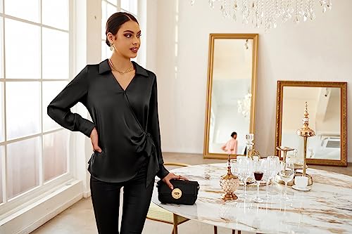 Women's Satin Silk Blouses Wrap V Neck Shirts Long Sleeve Elegant Tie Waist Office Formal Work Tunic PulloverTops