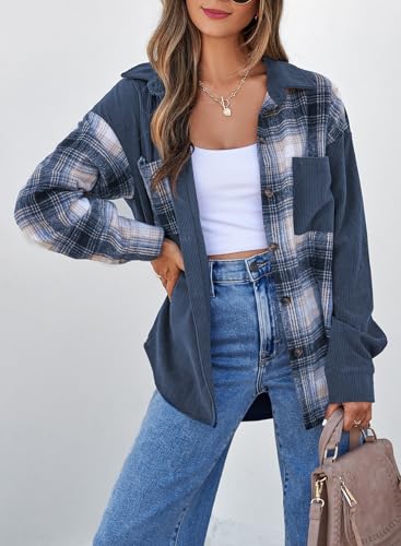Women's Color Block Corduroy Shirts Long Sleeve Button Down Boyfriend Blouses Tops