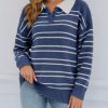 Womens Striped Swaters Button Collared Polo Shirts Oversized Long Sleeve Chunky Knit Trendy Pullover Tops