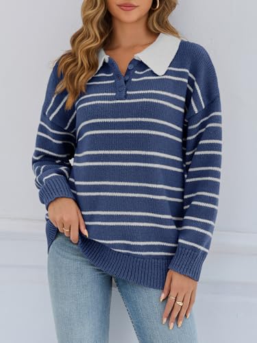 Womens Striped Swaters Button Collared Polo Shirts Oversized Long Sleeve Chunky Knit Trendy Pullover Tops