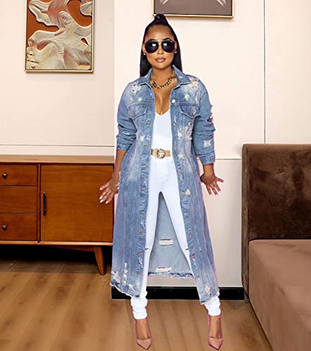 Women's Ripped Out Distressed Washed Long Blue Denim Jacket Trench Coat
