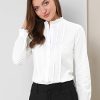 Women's Mock Neck Blouse Ruffle Work Office Cotton Pleated Button Up Shirt