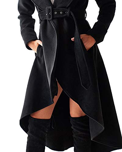 Women's Winter Wool Trench Coat Wrap Large Collar High Low Jacket Outwear with Belt