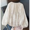 Women's Peasant Blouses Floral Embroidered Tops Long Sleeve Tie Front Button Up Boho Tunic Shirt