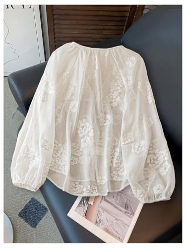 Women's Peasant Blouses Floral Embroidered Tops Long Sleeve Tie Front Button Up Boho Tunic Shirt