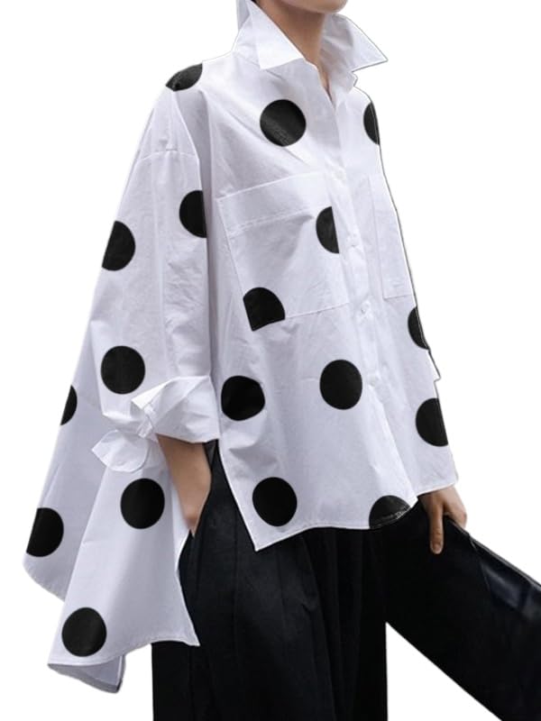 Women's 2025 Loose Flowy Blouse Tops Polka Dot Long Sleeve Button Down Side Slit High Low Hem Tunic Shirt
