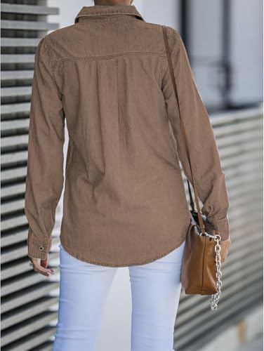 Jean Shirts for Women Denim Button Down Long Sleeve Western Blouse Chambray Casual Collared Denim Tops Camel S