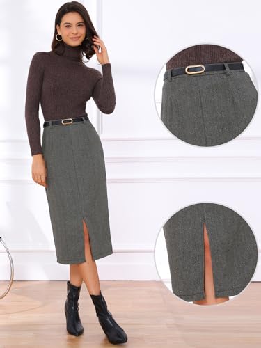 Midi Pencil Skirt for Women Fall Winter High Waisted Slit Office Work Skirts with Belt
