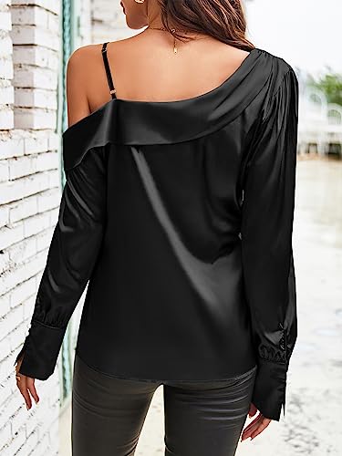 Women's Satin-Silk-Tops Sexy Off The Shoulder Dressy Blouse for Party Casual Long-Sleeve Elegant Shirt