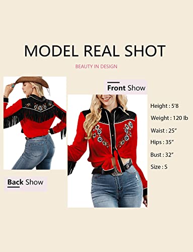 Women's Embroidered Western Long Sleeve Buttons Down Shirts Collared Retro Casual Blouses Shirts