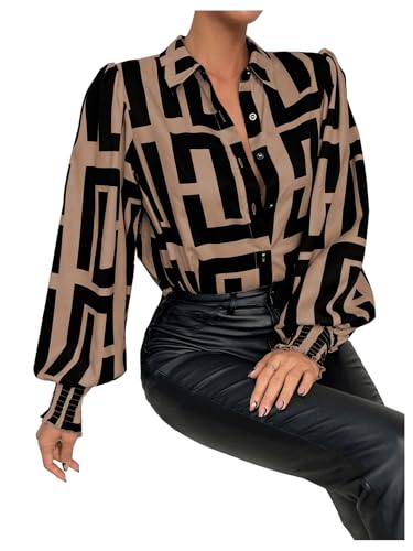 Women's Graphic Print Long Lantern Sleeve Collar Neck Button Front Blouse Shirt Top