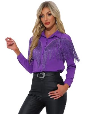 Women's Western Fringe Blouse Long Sleeve Button Down Disco Cowgirl Shirts