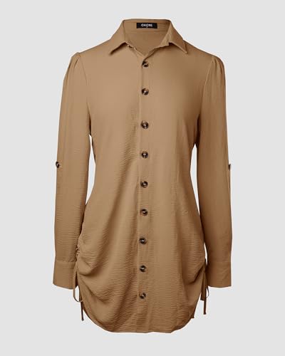 Women Shirt Dress 2025 Long Sleeve Button Down Blouses Side Drawstring Mini Dresses