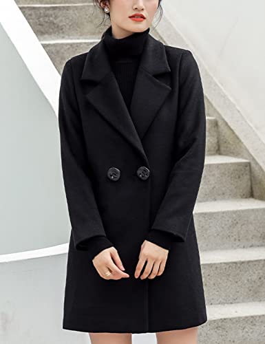 Womens Elegant Notched Collar Button Wool Blend Solid Long Pea Coat Overcoat